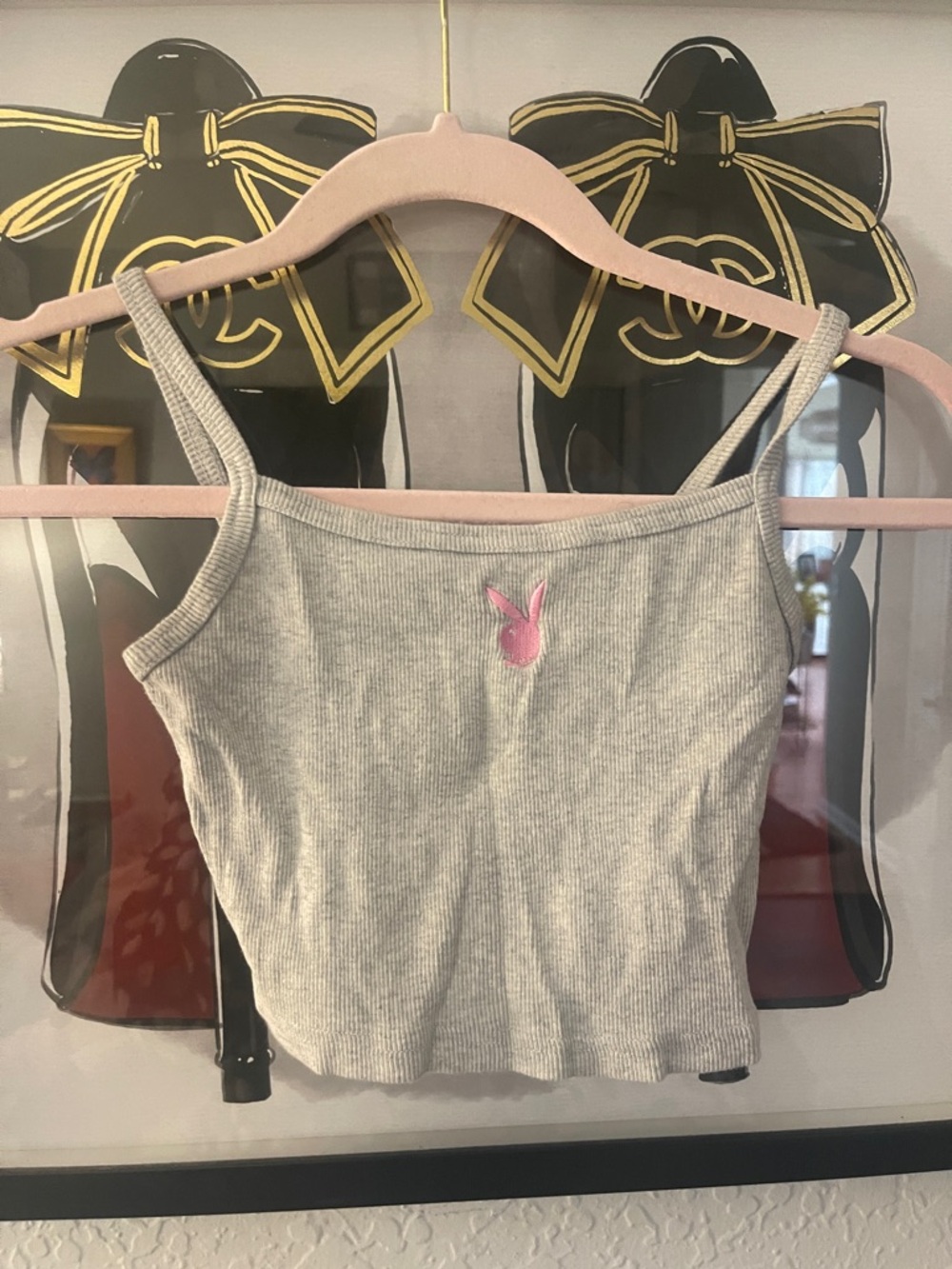 PLAYBOY Gray Ribbed Cami with Pink Bunny Emblem